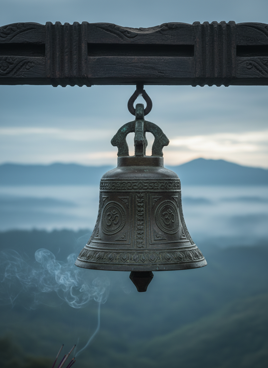 An antique bronze bell with intricate Vedic motifs and a gently tarnished patina hangs motionless from a carved wooden beam, framed against a distant view of mist-covered hills. The foreground shows the bell in sharp focus, its surface catching the cool, diffused light of a cloudy dawn, while the background fades into a soft blur of blue-gray tones. Wisps of temple incense curl upward from an unseen source at the bottom of the frame, adding a subtle haze. Photographic, cinematic composition with a slightly low angle, elegant and contemplative mood, symbolizing the silent source behind all sound, perfectly aligned with a refined Advaita Vedanta aesthetic.
