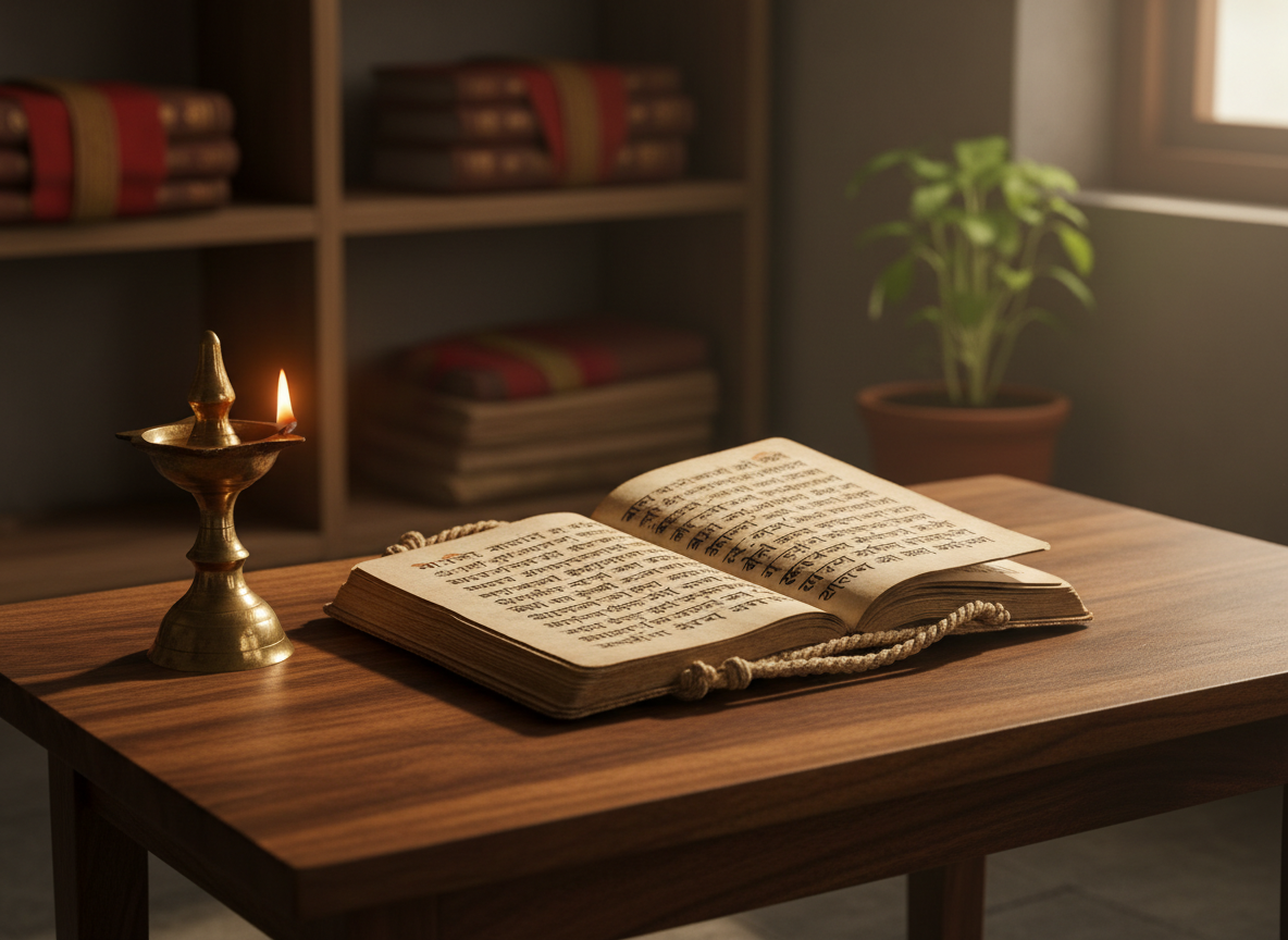 A finely detailed, timeworn Sanskrit manuscript of the Bhagavad Gita lies open on a low, dark wooden table with a subtle natural grain, the ink slightly faded but crisp. A small brass oil lamp with a single steady flame sits to one side, its warm light pooling gently across the delicate script and casting soft, elongated shadows. In the blurred background, simple wooden shelves hold neatly stacked scriptures and a single tulsi plant. Photographic realism with a sophisticated, minimalist aesthetic, shot at eye level with a shallow depth of field, creating a serene, contemplative atmosphere that invites quiet reflection on non-dual wisdom.