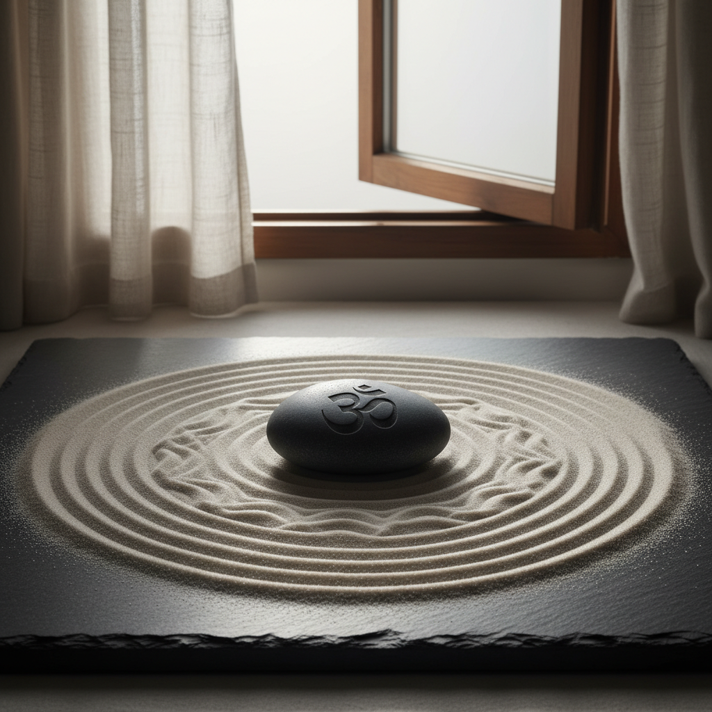 A polished river stone, naturally smooth and charcoal-gray, rests precisely at the center of a circular sand mandala drawn on fine white sand, the pattern forming concentric waves radiating outward. The stone is engraved with a subtle Om symbol, barely raised from the surface. The scene is arranged on a low slate platform beside an open window, where diffused early-morning light filters through sheer linen curtains, creating gentle highlights on the stone’s surface and soft shadows in the sand grooves. Photographic realism with a calm, sophisticated mood, captured from a slightly elevated angle using the rule of thirds, emphasizing stillness and the metaphor of the one Self at the center of apparent multiplicity.