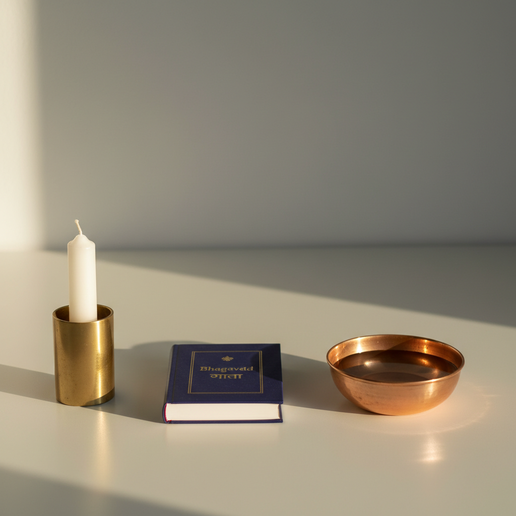 A minimalist altar-like arrangement on a smooth, matte white surface: a single, unlit white candle in a simple brushed-brass holder, a small closed copy of the Bhagavad Gita with a deep indigo cover and gold-embossed title, and a round copper bowl containing clear water that reflects light like a tiny mirror. Soft golden-hour sunlight streams in from the left, creating long, delicate shadows and warm reflections on the brass and copper. The background is an uncluttered, pale gray wall that fades gently out of focus. Photographic realism, shot from a slightly elevated angle with balanced negative space, evoking clarity, inwardness, and the subtle sophistication of non-dual contemplation.